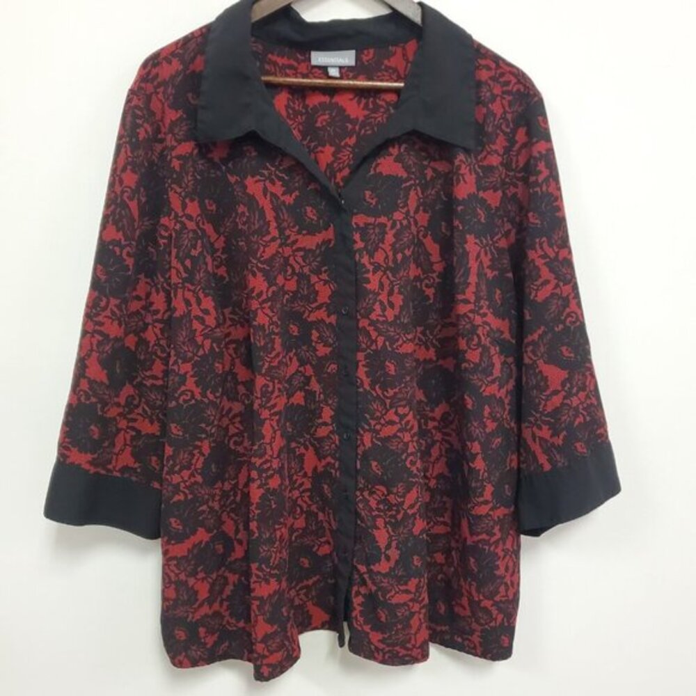 Essentials Womens 3/4 Sleeve Floral Button Up Top Size 3X Artsy Office‎ Church